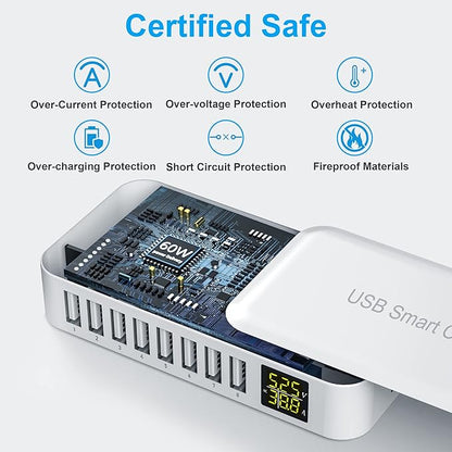 USB Charging Station, Ziwodiv 8-Port 60W/12A Charger Station, Multi Ports USB-A Charging Hub with LED Display, Compact Desktop Charger for Multiple Devices, iPhone iPad Samsung Android and Tablet
