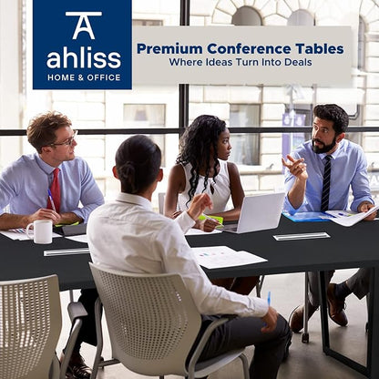 Sturdy Conference Table with Cable Management Grommets Modern Rectangle Office Meeting Table with Wood Tabletop and Metal Frame & Legs- Easy Assembly Boardroom Table (Black, 8 Foot)