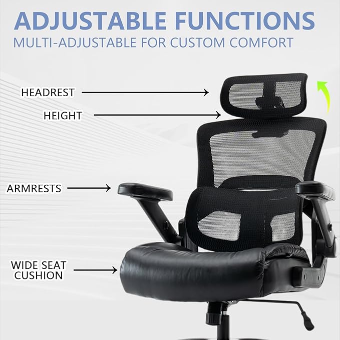 Ergonomic Office Chair with Flip-Up Arms, Mesh Back, Adjustable Headrest, Padded Seat Cushion, Lumbar Support, High Back Desk Chair for Home Office – 330lbs Capacity