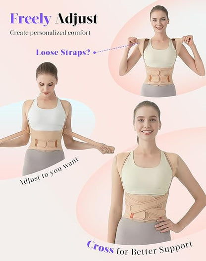 Posture Corrector for Women and Men, 5 Full Back Support Brace Rods, Adjustable Shoulder Straightener, FSA&HSA Eligible, Relief for Upper and Lower Back, Lumbar, Neck Pain (Beige, Large)