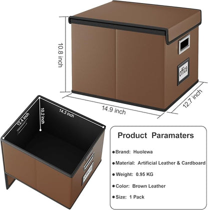 Huolewa Faux Leather File Organizer Box with Lid, Collapsible Hanging File Folder Box Organizer with Plastic Slides, Decorative Home/Office Filing System Boxes for File and Folder Storage-Brown