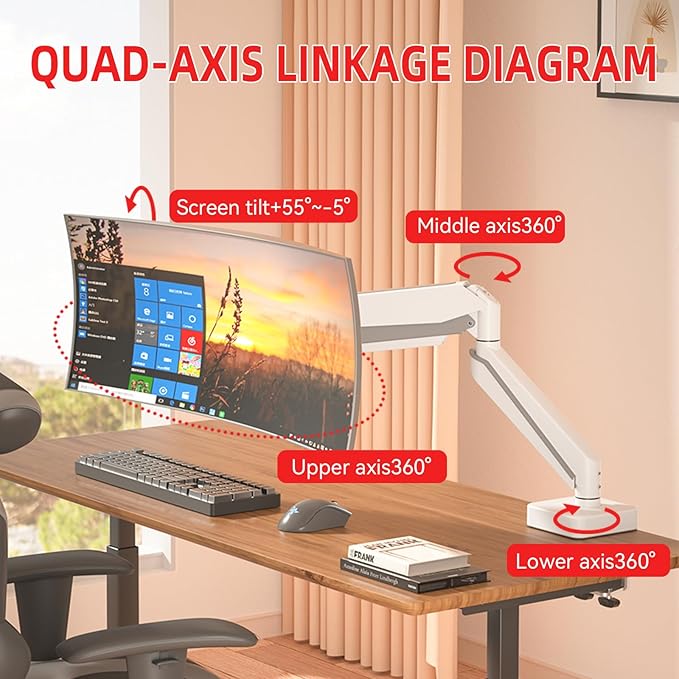 White 45 Premium Aluminum Heavy Duty Monitor Arm, Fits Ultrawide up to 49 inches and 44 lbs Single Desk Mount Stand, Pneumatic Height Adjustable, Max VESA 100x100, A9W