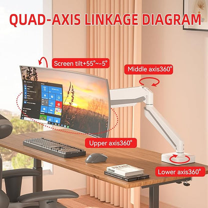 White 45 Premium Aluminum Heavy Duty Monitor Arm, Fits Ultrawide up to 49 inches and 44 lbs Single Desk Mount Stand, Pneumatic Height Adjustable, Max VESA 100x100, A9W