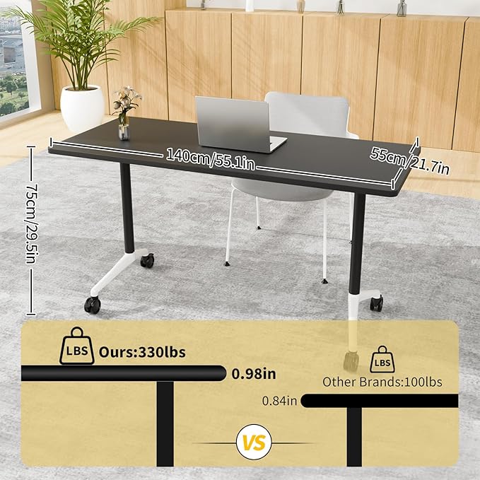 Conference Room Table, 55 Inch Folding Conference Tables with Wheels, Modern Office Meeting Table, Easy Flip & Nest Design, Rectangular Seminar Tables with Metal Frame for 2-24 People (J, 6PCS)