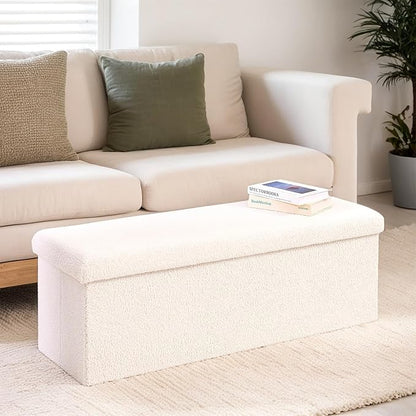 43 Inches Storage Ottoman Bench - Square Ottoman with Sherpa Top,Storage Bench for Bedroom,43" L x 15" W x 15" H - White