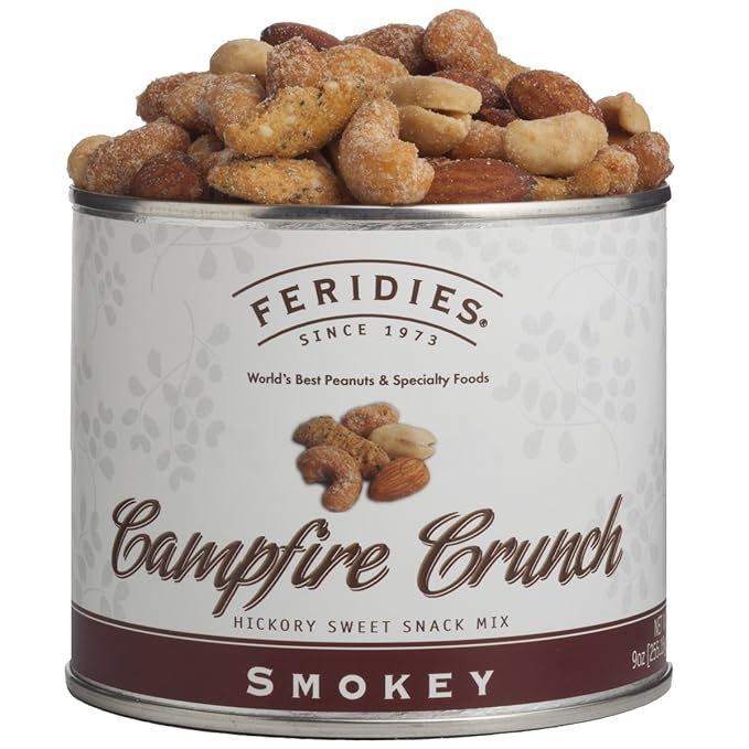 FERIDIES Smokey Campfire Crunch Snack Mix with Extra Large Virginia Peanuts, 9oz Vacuum Sealed Tin