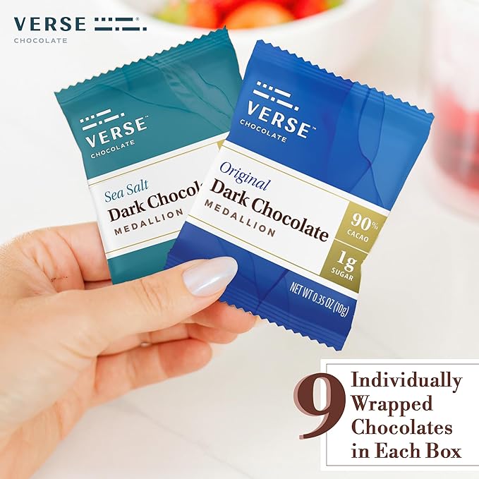 Verse Dark Chocolate Squares Variety Pack - Original and Sea Salt w/Low Cane Sugar, High Cacao - Premium Dark Chocolates - Individually Wrapped Chocolate Squares (9 Count, 2 Pack)
