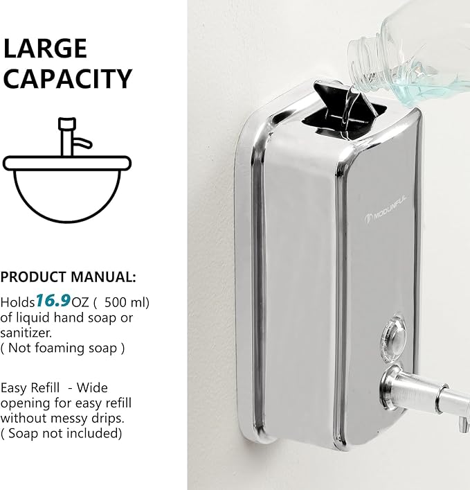 Stainless Steel Soap Dispenser for Home – 16.9oz Wall Mount, Anti-Leak Pump, Brushed Nickel Finish, Space-Saving Design for Kitchen & Bathroom