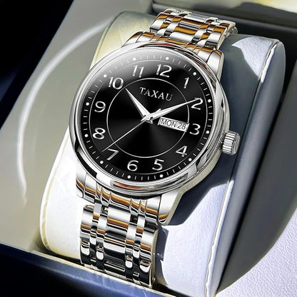 Stainless Steel Mens Watches with Day Date Quartz Analog Large Face Classic Watch Arabic Numerals Dress Luminous Rlojes para Hombres
