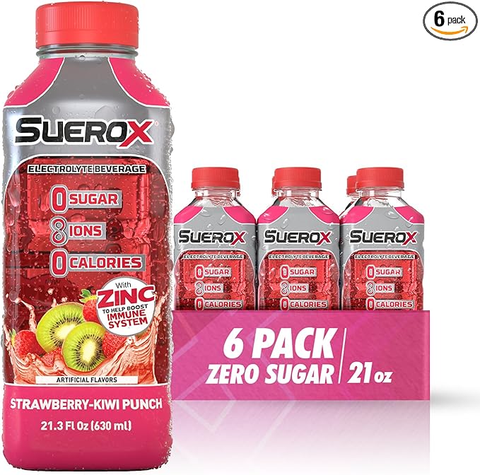 SueroX Sugar Free Sports Drink for Hydration and Recovery, Electrolyte Hydration Drink with 8 Ions, Zero Calorie Sports Drinks, Strawberry-Kiwi Punch, 21.3 Fl Oz, 6 Count