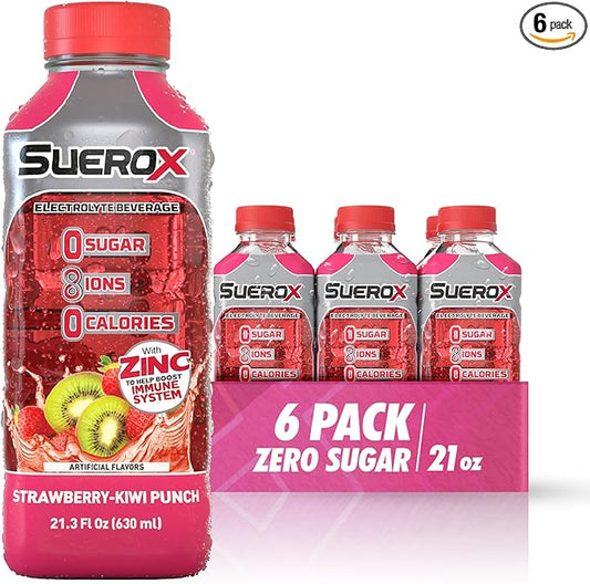 SueroX Sugar Free Sports Drink for Hydration and Recovery, Electrolyte Hydration Drink with 8 Ions, Zero Calorie Sports Drinks, Strawberry-Kiwi Punch, 21.3 Fl Oz, 6 Count