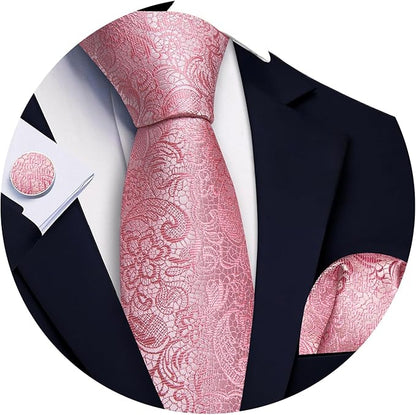 Barry.Wang Tie Sets for Men Silk Solid Necktie Stain Ties Handkerchief Pocket Square Cufflinks Wedding Business Dyed