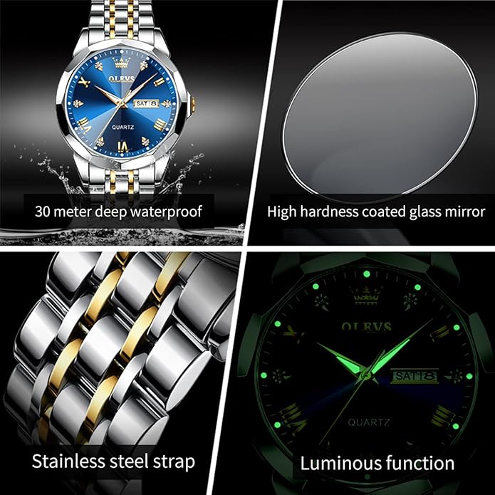 OLEVS Mens Watch Stainless Steel Analog Quartz Watches for Men Day Date Easy Read Diamond Waterproof Dress Luxury Classic Casual Big Face Blue/Black/Gold/Silver Roman Arabic Numerals Men's Wrist Watch