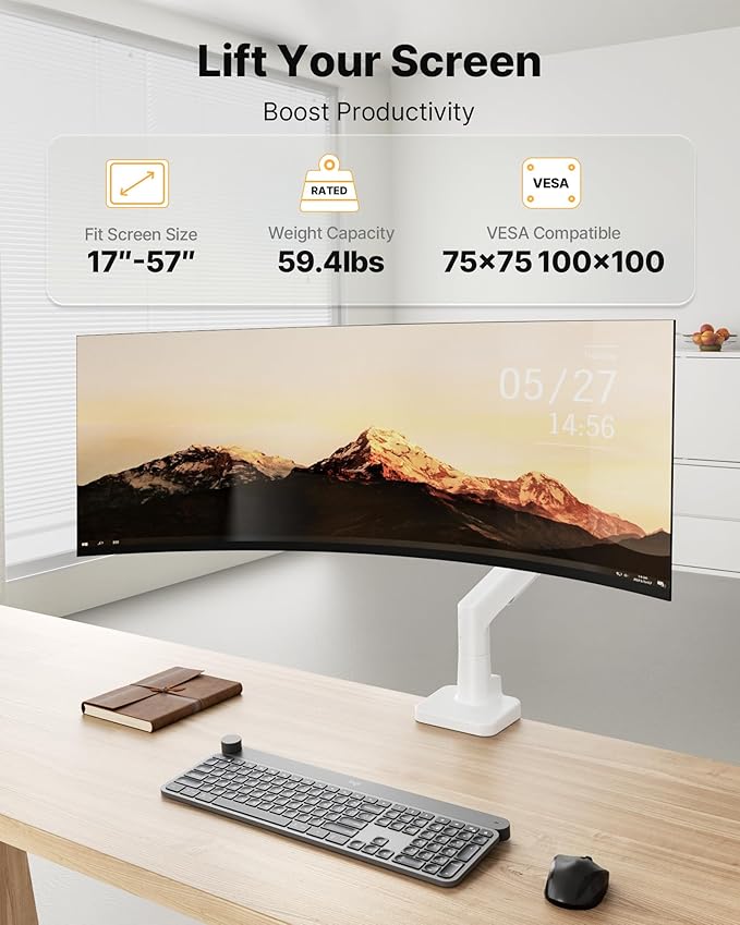 monTEK Sleek Aluminum Monitor Arm for 17–57” Ultrawide Screens up to 59 lbs, Heavy Duty Single Monitor Arm Desk Mount, Pneumatic Lift, Quick-Release Plate, Clamp/Grommet, Max VESA 100x100
