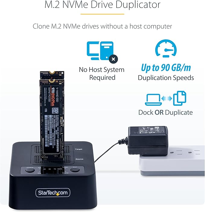 StarTech.com 1:1 M.2 NVMe Drive Duplicator, 90GBpm Standalone SSD Cloner/Copier, USB-C 3.2 20Gbps M.2 Dual-Bay Drive Dock, Black