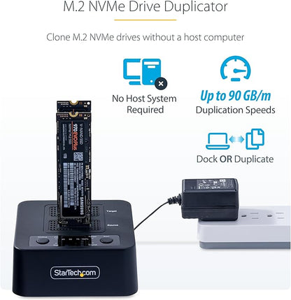 StarTech.com 1:1 M.2 NVMe Drive Duplicator, 90GBpm Standalone SSD Cloner/Copier, USB-C 3.2 20Gbps M.2 Dual-Bay Drive Dock, Black