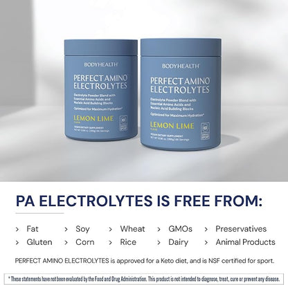 BodyHealth PerfectAmino Electrolytes Powder No Sugar, Hydration Fasting Keto Zero Sugar Electrolytes Drink Mix with Trace Minerals - NSF Certified for Sport - Lemon Lime - 66 Servings