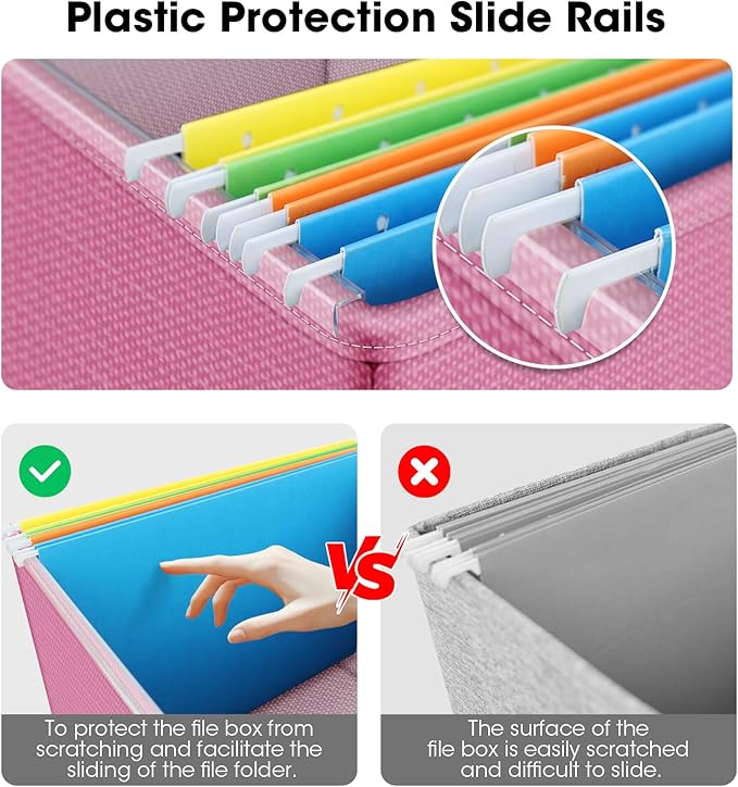 File Organizer Boxes with Lid, Linen Hanging File Storage Boxes with Handle, Collapsible Document Filling Boxes for Letter/Legal Folder, Portable File Box for Office/Decor/Home (2 Pack, Pink)