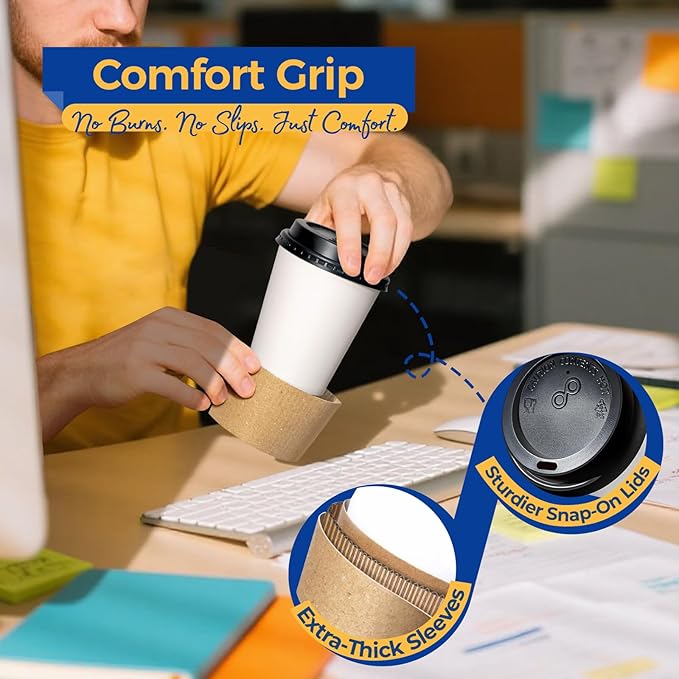 Fit Meal Prep 500 Pack 8 oz Disposable Coffee Cups with Lids, Sleeves, Leak-Proof To Go Coffee Cups with Lids, Durable Paper Cups for Hot Beverage, Home, Office, Party