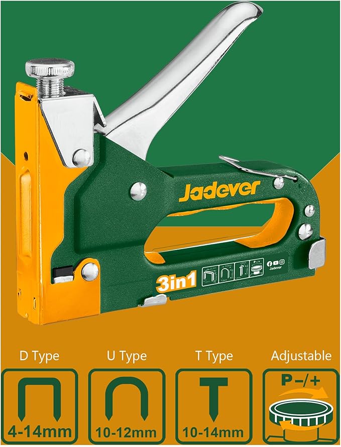 3-in-1 Staple Gun, Manual Nail Gun, Compatible with 7/16" D-Type Staple & 1/2" U-Type Staple & 3/8" T-Type Brad Nail, Adjustable Driving Force, Fit for Wood/Crafts/DIY