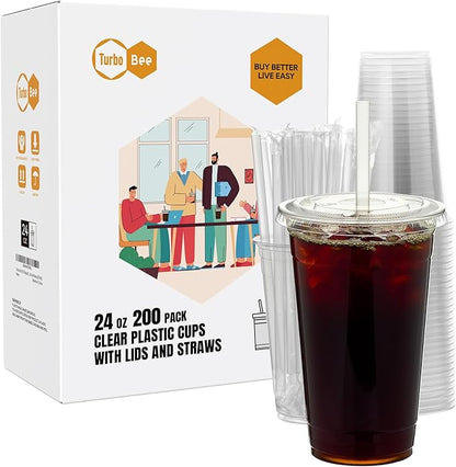 Turbo Bee 200 Sets 24 OZ Clear Plastic Cups with Lids and Straws, Disposable To Go Iced coffee cups with lids for Cold Drinks, Smoothie, and Slushie