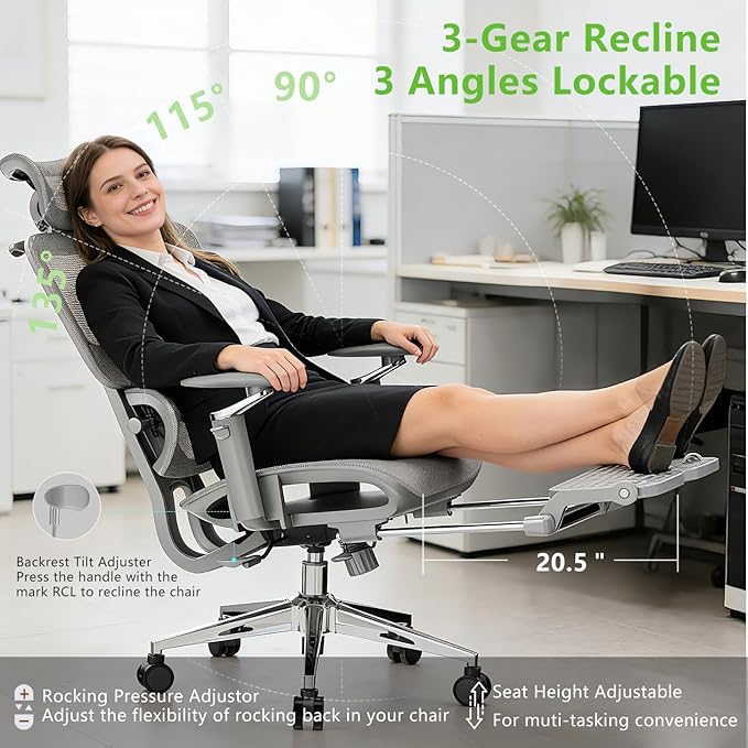 Ergonomic Office Chair with Footrest - 6D Adjustable Arms, 3D Separate Lumbar Support & Headrest, Big and Tall High Back Mesh Chair for Long Hours Working, Gaming (400 lbs Capacity)