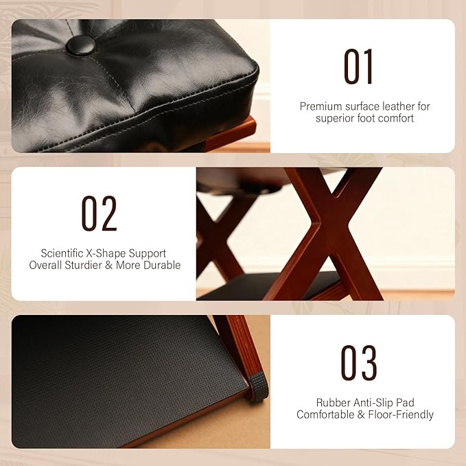 Wooden Under Desk Footrest with Non-Slip Rubber Stepping Surface, Ergonomic Foot Stool for Home Office Gaming Work Posture Support (Walnut Color)