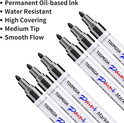 Black Paint Pens Permanent Paint Markers - 6 Pack Oil Based Marking Pens, Medium Point, Quick Drying and Waterproof Pens for Rock Painting Car Tyre Metal, Plastic, Canvas, Wood