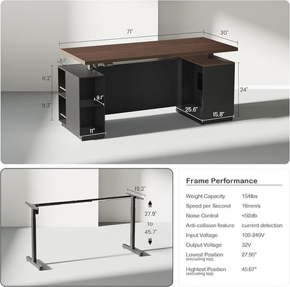 71" Standing Desk with 2 File Cabinet, AC/USB, 1.18" Desktop, L Shaped Height Adjustable Desk, Electric Furniture Set with Multiple Functions for Home and Office, Black Walnut