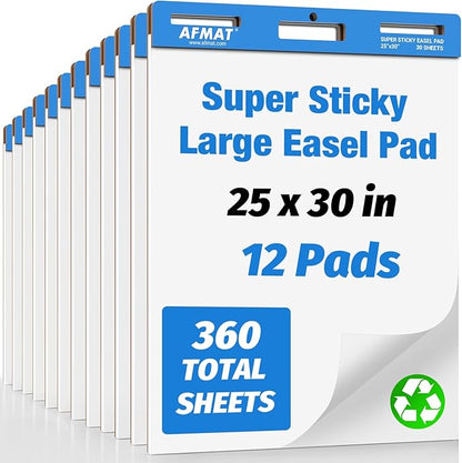 AFMAT Chart Paper, 25 in x 30 in Sticky Easel Pads, Large Chart Paper for Teachers, Ink Bleed-Through Resistant Flip Chart Paper for Office/Classroom/Whiteboard/Wall/Windows, 30 Sheets/Pad, 12 Pads