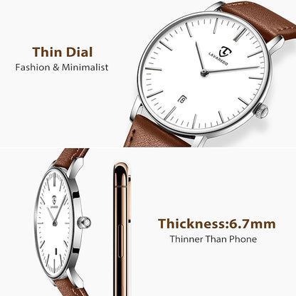 L LAVAREDO Watch for Men, Extremely Thin Mens Watches Minimalist Analog Men's Leather Wrist Watches with Time/Date, Birthday Gift for Men Boyfriend