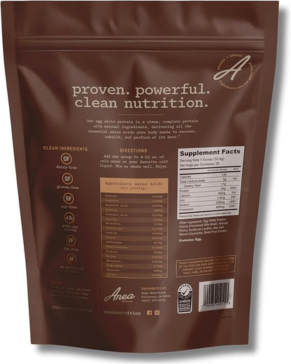 Anea Egg White Protein - Chocolate | 24g Protein | Fat-Free, Cholesterol-Free | 4.9g BCAA | Complete Amino Acid Profile| Dairy-Free, Gluten-Free, Soy-Free | Chocolate Flavor | Made in GMP Facility