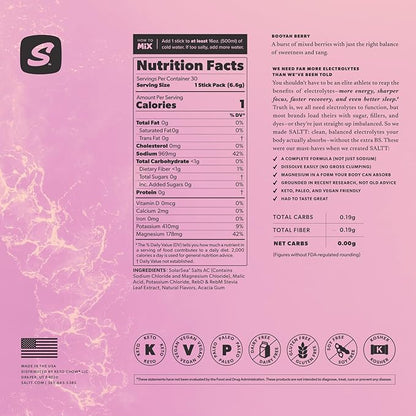 SALTT Electrolytes Powder Flavored Drink Mix - Booyah Berry - 30 Hydration Packets - Magnesium, Potassium, Sodium, Trace Minerals - Zero Sugar & Gluten Free - Travel Essentials