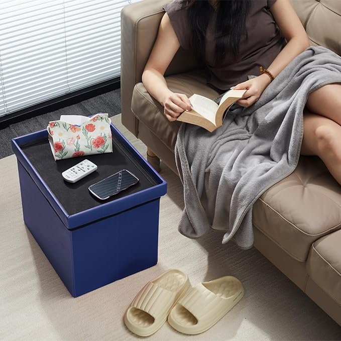 AmasSmile Storage Ottoman Folding Foot Rest Stool, Leather Footstool Bench, Short Ottoman Stool, Storage Foot Rest Store, Books (Blue, 17" D x 13" W x 13" H)