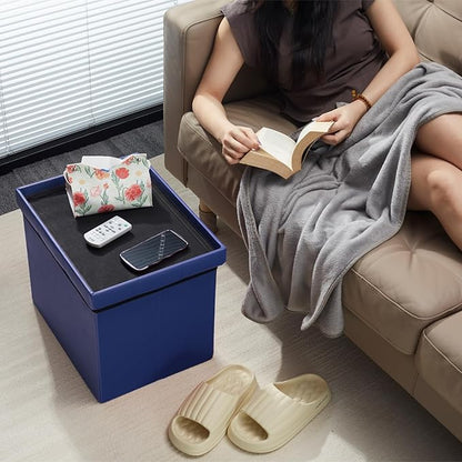 AmasSmile Storage Ottoman Folding Foot Rest Stool, Leather Footstool Bench, Short Ottoman Stool, Storage Foot Rest Store, Books (Blue, 17" D x 13" W x 13" H)