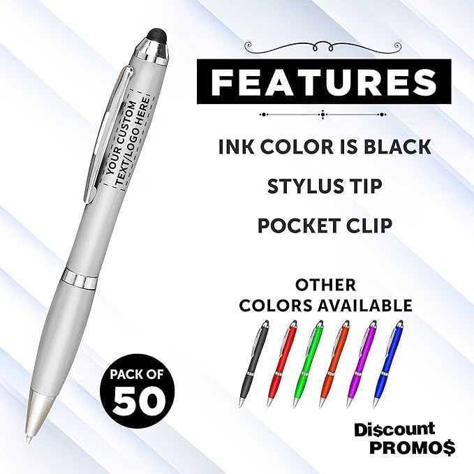 DISCOUNT PROMOS Custom Plastic Stylus Pens Set of 50, Personalized Bulk Pack - Black Ink, Great for Office, School, Business, Tradeshows, Events - Silver