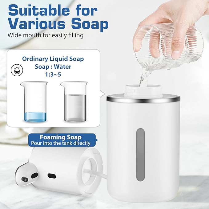 Automatic Foaming Soap Dispenser, LED Display Touchless Foam Hand Soap Dispenser for Bathroom Countertop, Kitchen, 6-Level Adjustable,380ML, Rechargeable(White)