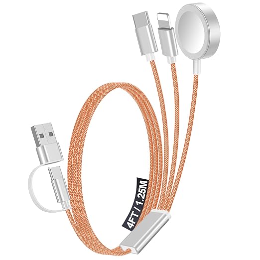 1Pack Multi Charging Cable Cord for Travel Essentials,Apple Watch Charger,iPhone Charger,[3-in-2] Type C/Lightning Cable Portable Designed for iWatch,iPhone 17-8,Galaxy S25-21,AirPods,iPad-4FT Orange