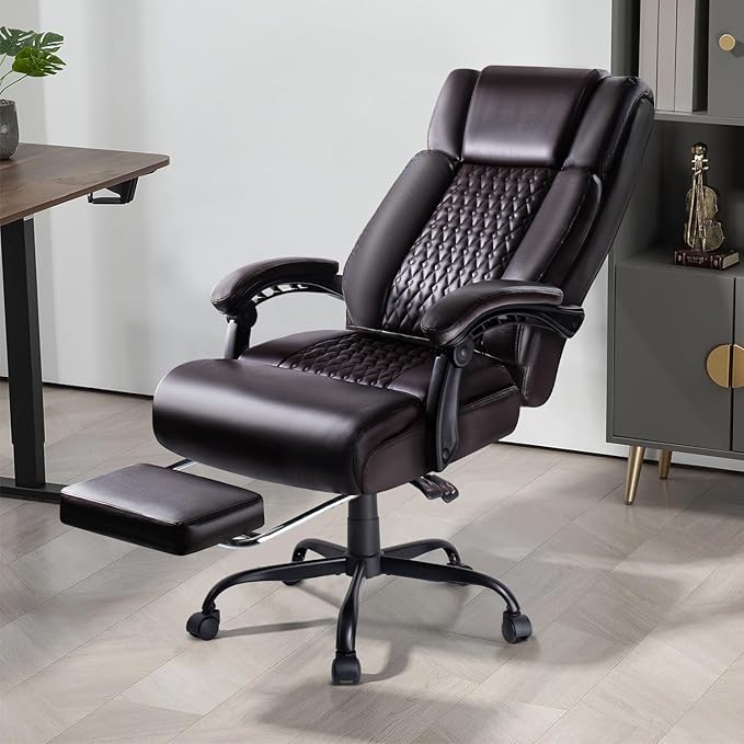 Big and Tall Office Chair with Foot Rest 400lbs, Heavy Duty Executive Leather Office Chair for Heavy People, Comfy High Back Ergonomic Office Desk Chair with Footrest and Lumbar Support, Brown