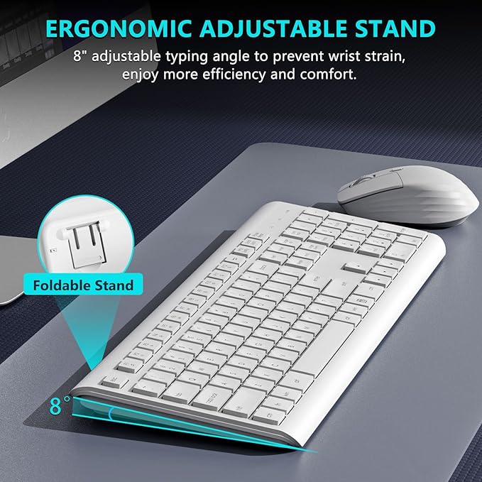 Wireless Keyboard and Mouse Combo, 2.4G Lag-Free Full Size Computer Keyboard and Ergonomic Adjustable DPI Silent Contoured Optical Mouse, Long Battery Life for PC, Windows, MAC Laptop (White)