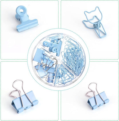 Blue Paper Clips and Binder Clips Set, Metal Assorted Sized Binders with Push Pins, Cute Office Supplies for Desk, Desk Accessories