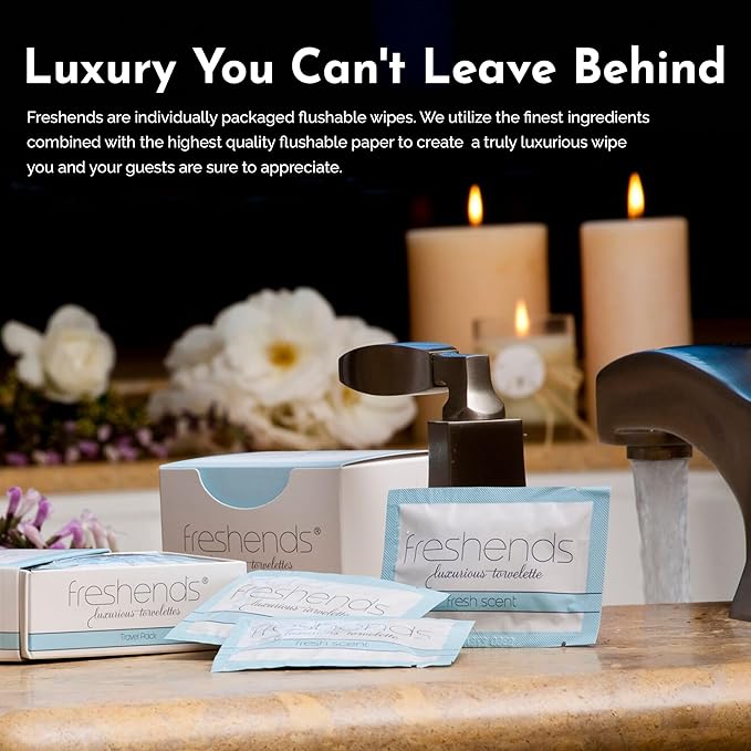 Freshends Flushable Individually Wrapped Wipes – 50 Bulk Pack Luxurious Towelettes, Guest Bathroom Essentials for Weddings, Restaurants, Bars & Clubs – Blue, Travel-Size, Disposable