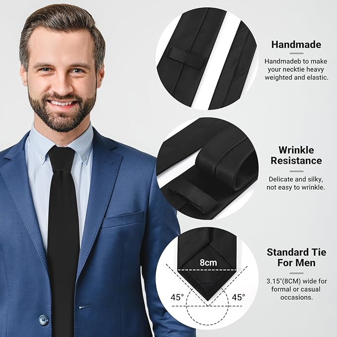Black Ties For Men Solid Pure Color Formal Neckties 3.15" (8CM) Men's Tie for Business and Wedding with Gift Box