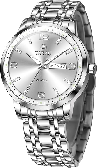 Stainless Steel Mens Watches with Day Date Quartz Analog Large Face Classic Watch Arabic Numerals Dress Luminous Rlojes para Hombres
