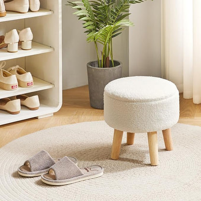 IBUYKE 13 Inch Foot Stool Ottoman with Storage, Round Small Foot Rest with Padded Seat and Wood Legs, Teddy Velvet Mini Footstool for Living Room Couch Bedroom Entryway, Cream WBD006W