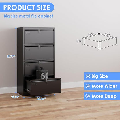 SUXXAN Metal 4 Drawer Lateral File Cabinet with 4 Lock - Wide Filing Cabinet for Letter/Legal/F4/A4 Hanging Files - Includes Business Card Holder,Home Office School Storage,Black