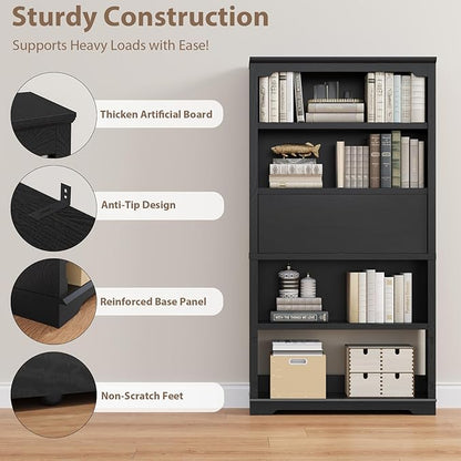 HIFYOBRO 71 inch Tall Bookcase, 5-Tier Open Display Storage Shelf, with Flip-Down Door on 3rd Book Shelf, 37 inch Wide Freestanding Bookshelves for Home, Office, Library (Black)