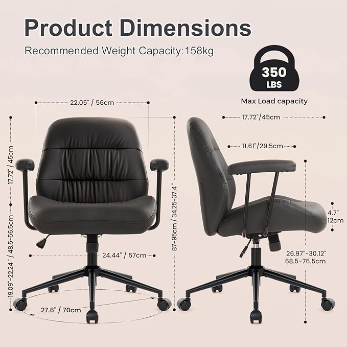 IWMH Home Office Chair, PU Leather Ergonomic Desk Chair with Armrests, Mid-Century Modern Executive Task Chairs, Height Adjustable (Black)