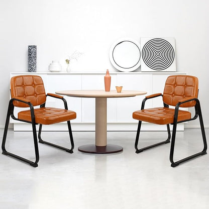 CLATINA Office Guest Chair, Leather Reception Chairs with Padded Arms, Desk Chair No Wheels Stationary for Conference Lobby Waiting Room Training Side Elderly, Set of 2-Orange