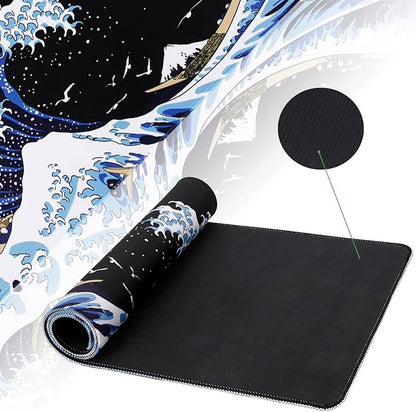 MEWOOCUE® Gaming Mouse Pad for Desk,Large Wave Mousepad Laptop,Black Japanese Anime Mouse Mat,Long XXL Waterproof Keyboard Pads,Big Non-Slip Mousepads for Game Office Home（35.4 x 15.7 in）